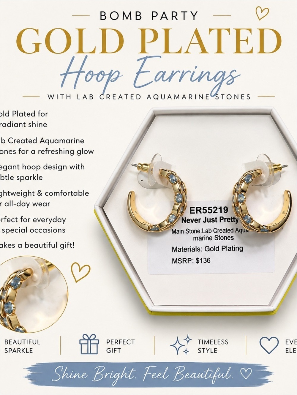 Gold Plated Hoop Earrings with Lab Created Aquamarine Stones